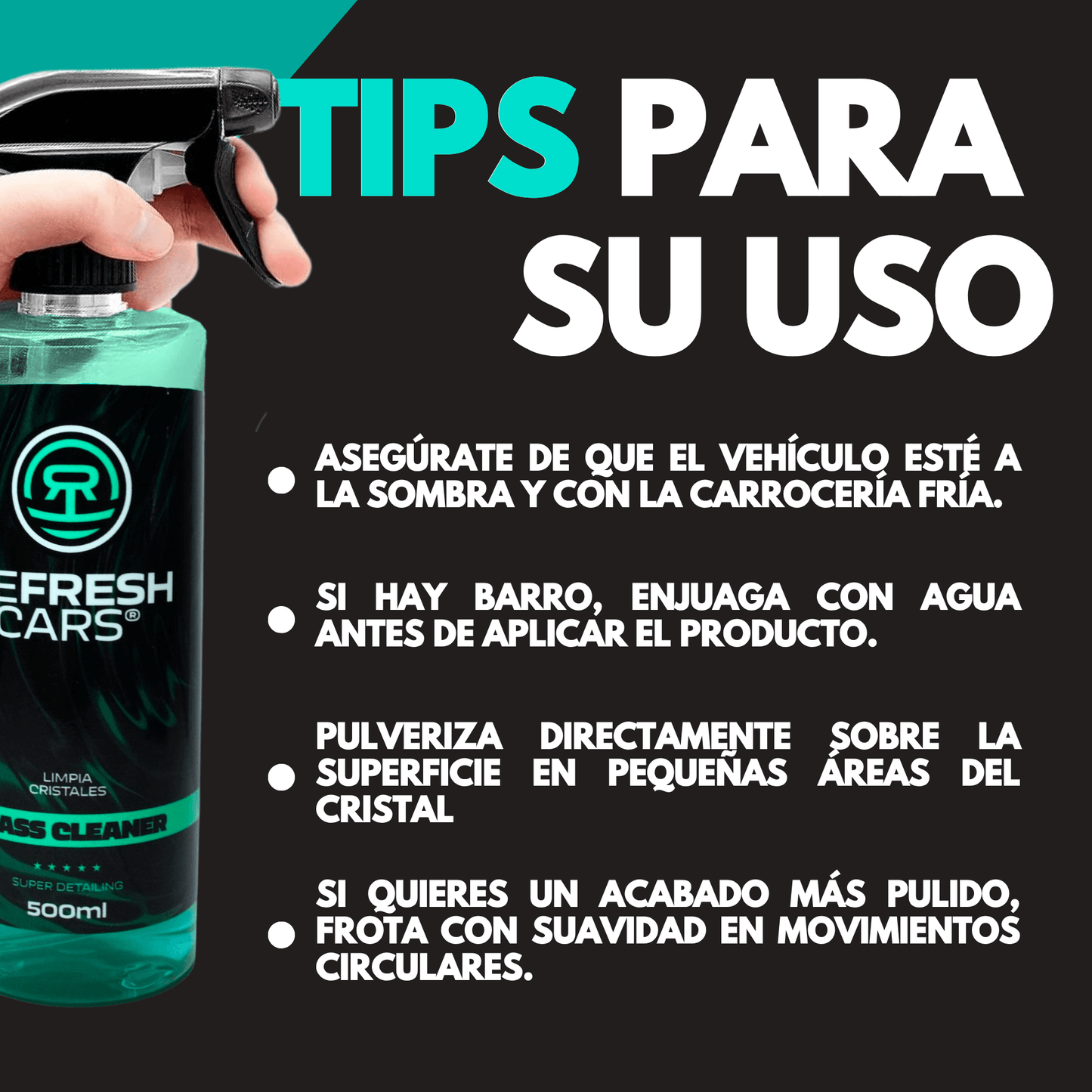 Tips for using Refresh Cars glass cleaner for streak-free and safe application on all vehicle glass surfaces.