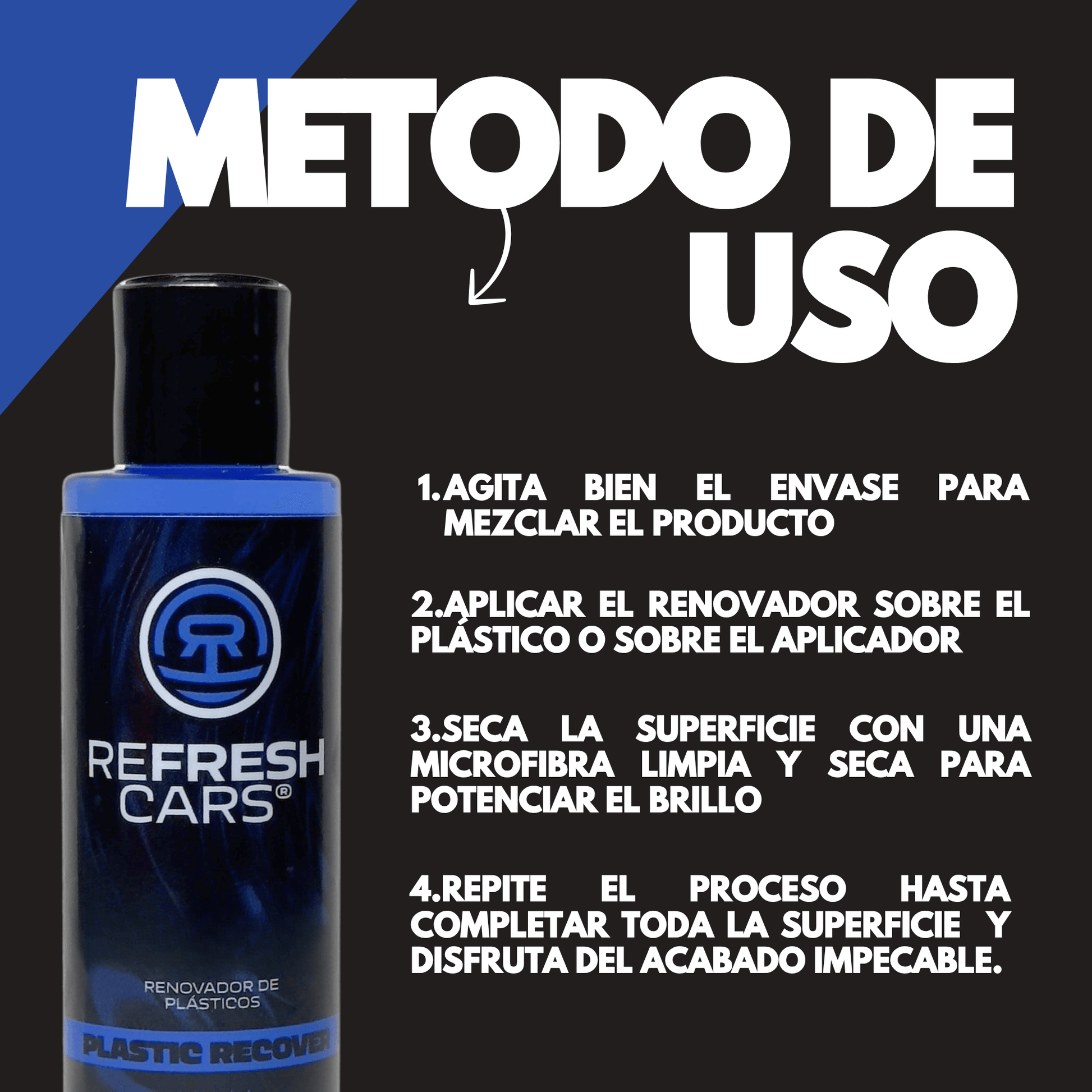 Método de uso del Renovador de Plásticos Refresh Cars: aplica con bayeta de microfibra para un acabado profesional.