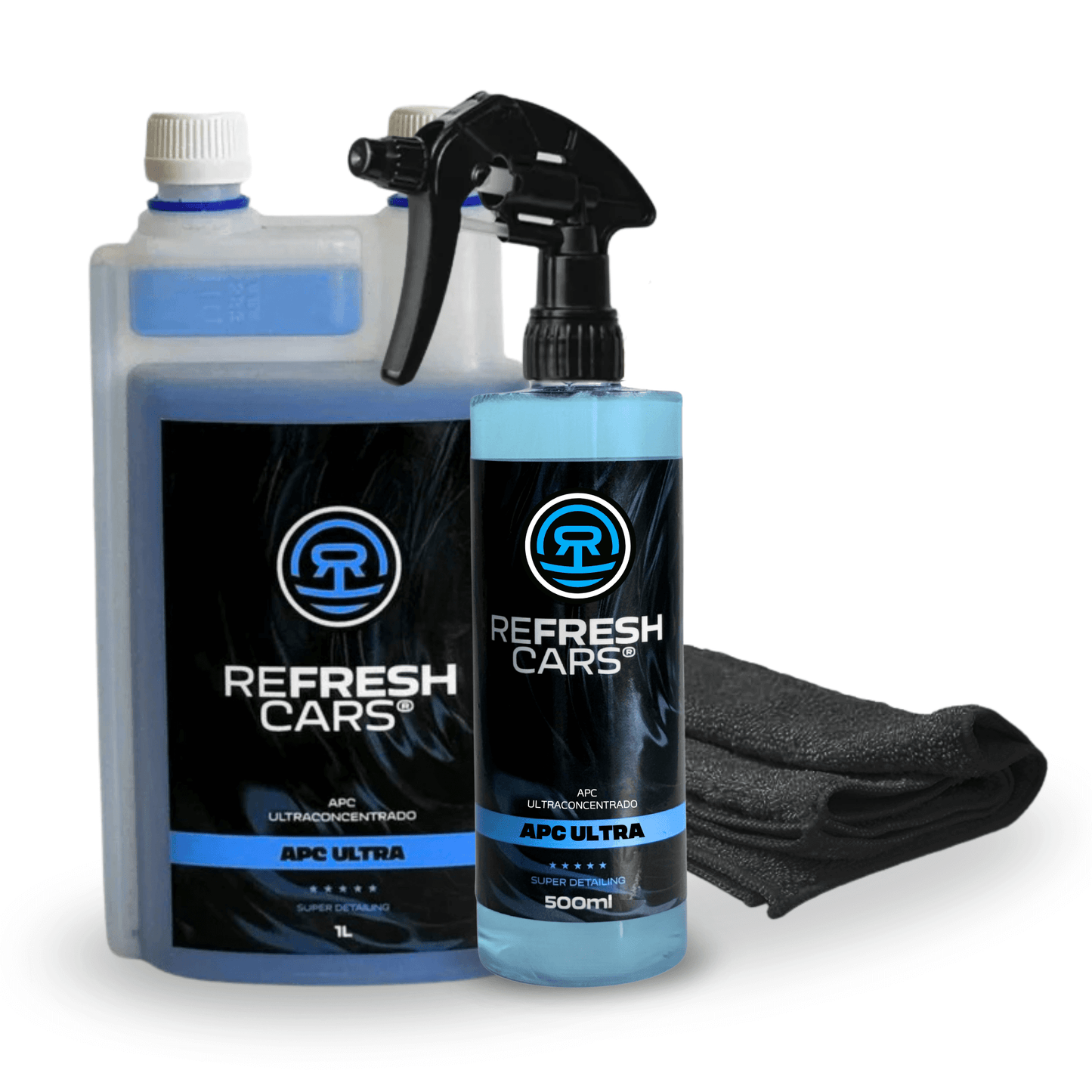 APC Ultraconcentrado ECO by Refresh Cars, multi-use cleaner for vehicles with spray bottle and cloth.