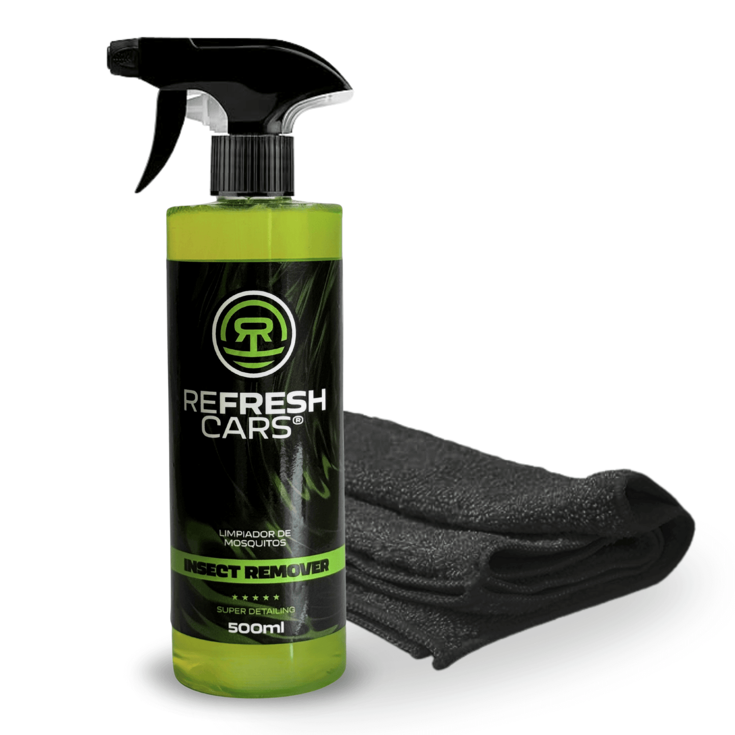 Limpiador de Mosquitos Refresh Cars con toalla, 500ml, fórmula segura y eficaz para eliminar insectos en vehículos.