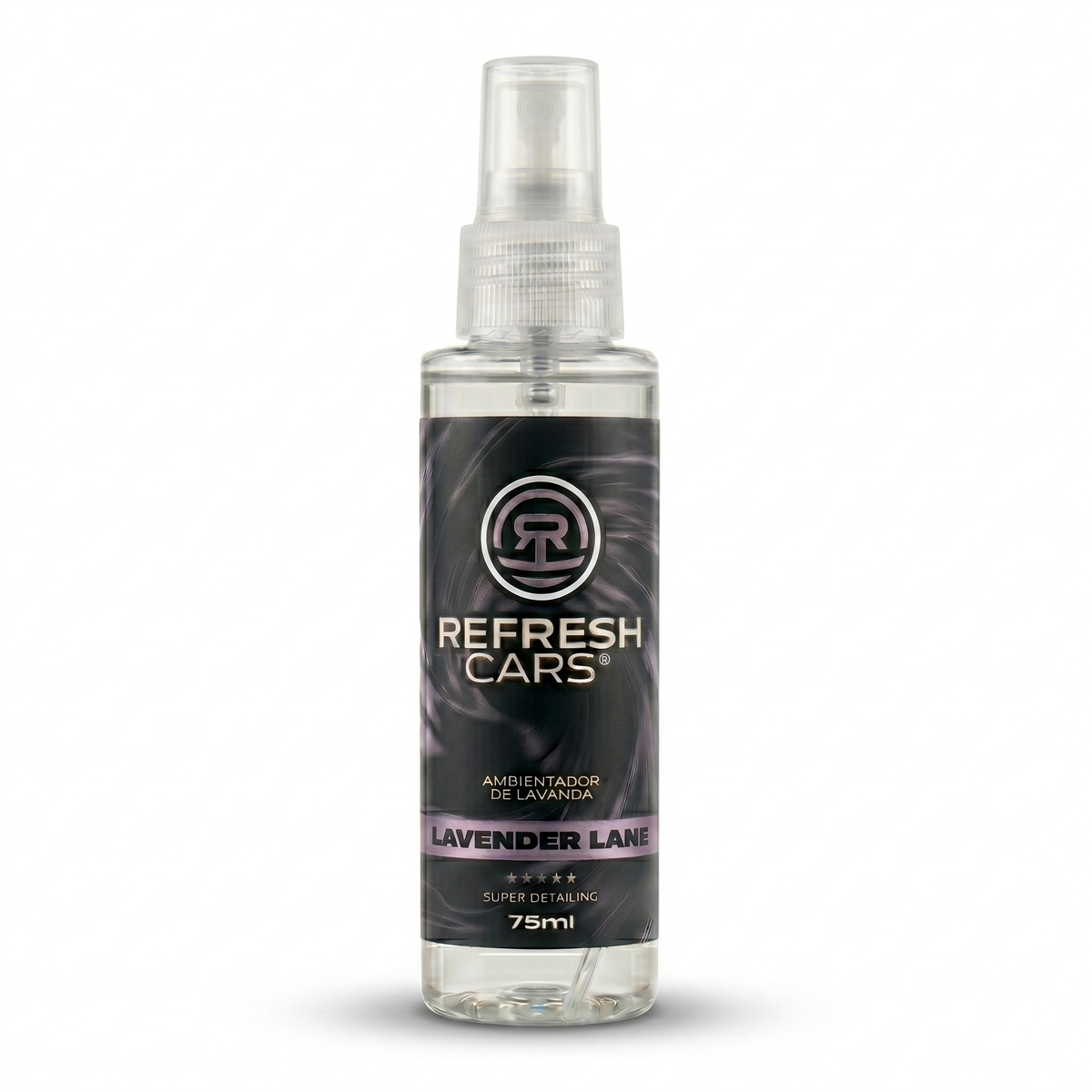 Ambientador de lavanda Refresh Cars 75ml en spray, packshot del frasco Lavender Lane sobre fondo blanco