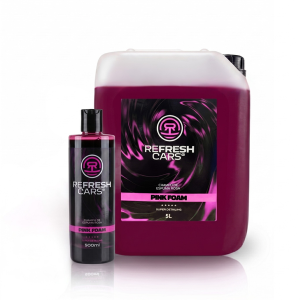 Champú de espuma rosa Refresh Cars Pink Foam, packshot de garrafa 5L y bote 500ml sobre fondo blanco