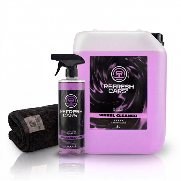Limpia llantas Refresh Cars: garrafa 5L, bote spray 500ml y microfibra con líquido rosa