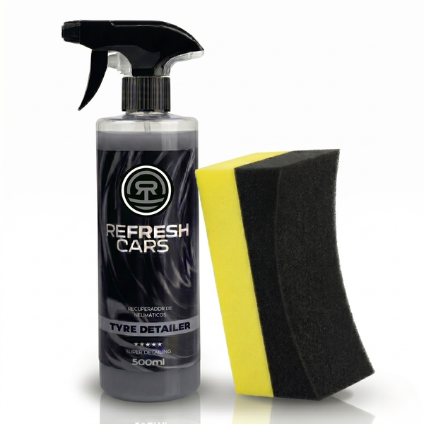 Recuperador de neumáticos Refresh Cars 500ml en spray junto a esponja aplicadora amarilla