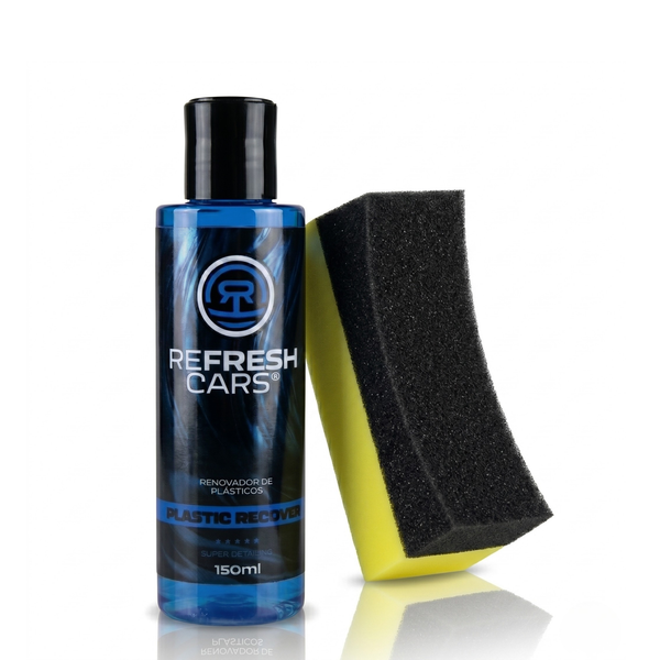Renovador de plásticos Refresh Cars Plastic Recover 150ml con esponja aplicadora sobre fondo blanco