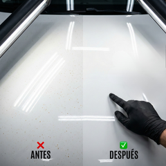 Etiqueta trasera con instrucciones de uso y precauciones del descontaminante férrico