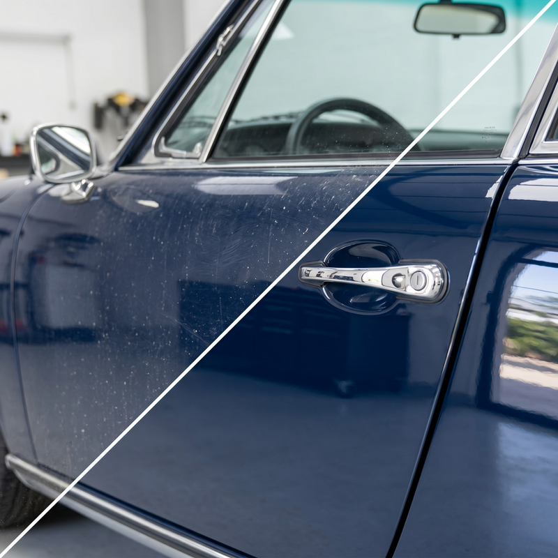Nettoyant à la cire Refresh Cars : avant/après sur portière de voiture bleue, du mat au brillant