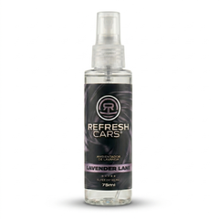 Ambientador de lavanda Refresh Cars 75ml en spray, packshot del frasco Lavender Lane sobre fondo blanco
