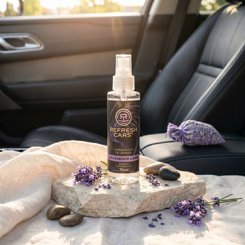 Ambientador de lavanda Refresh Cars 75ml sobre asiento del coche con flores de lavanda y saquito aromático