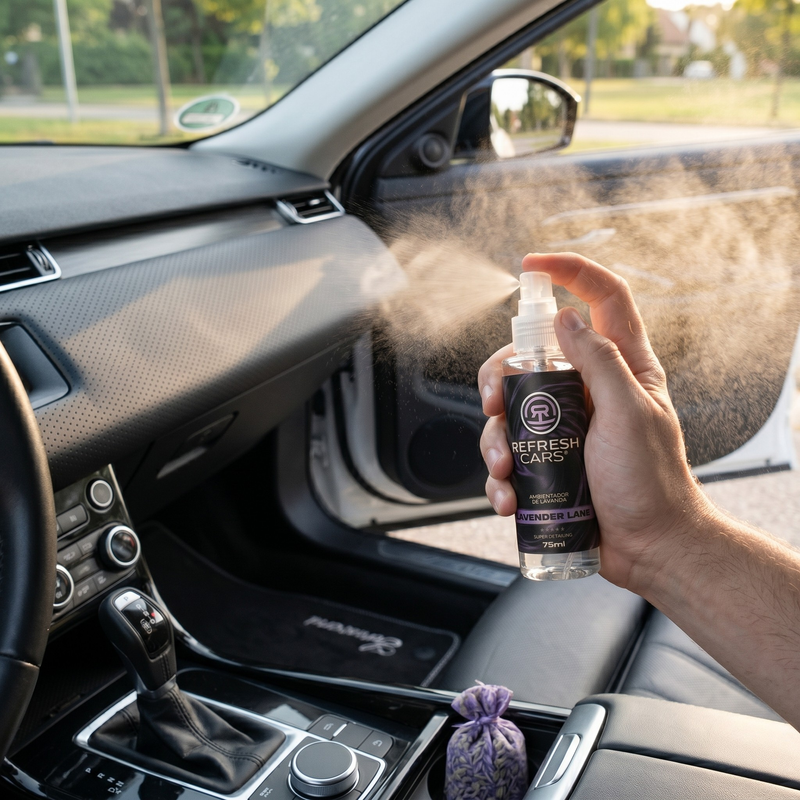 Ambientador de lavanda Refresh Cars pulverizado a mano en el interior del coche para perfumar el habitáculo