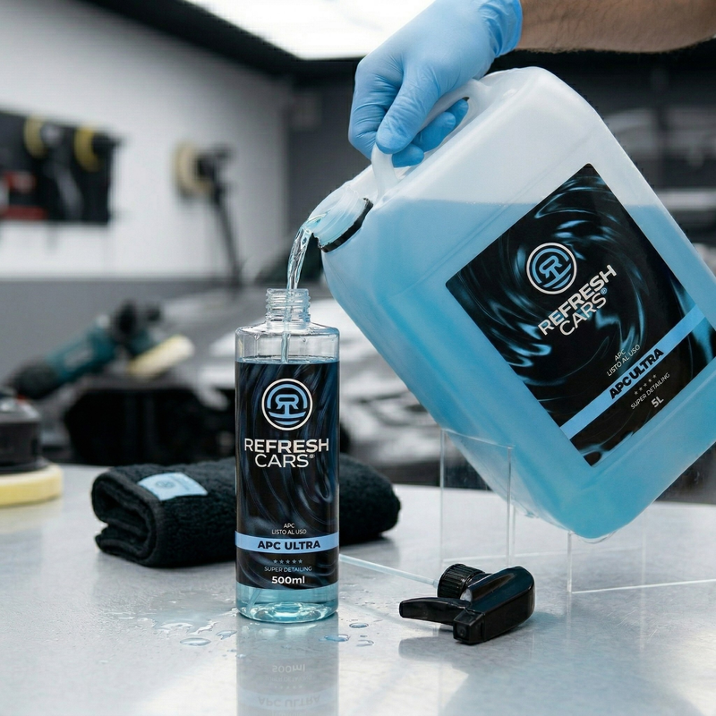 APC Listo al Uso Refresh Cars rellenando el bote spray 500ml desde la garrafa 5L en un taller de detailing