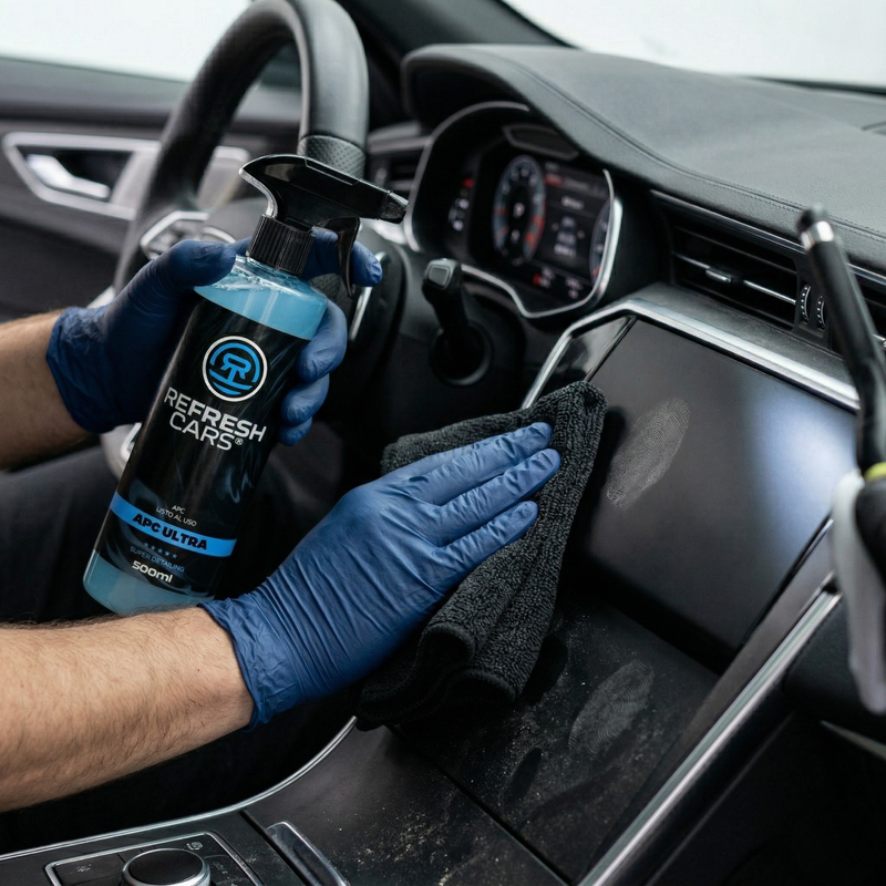 APC Ultra Refresh Cars 500ml limpiando salpicadero de coche con guante y microfibra