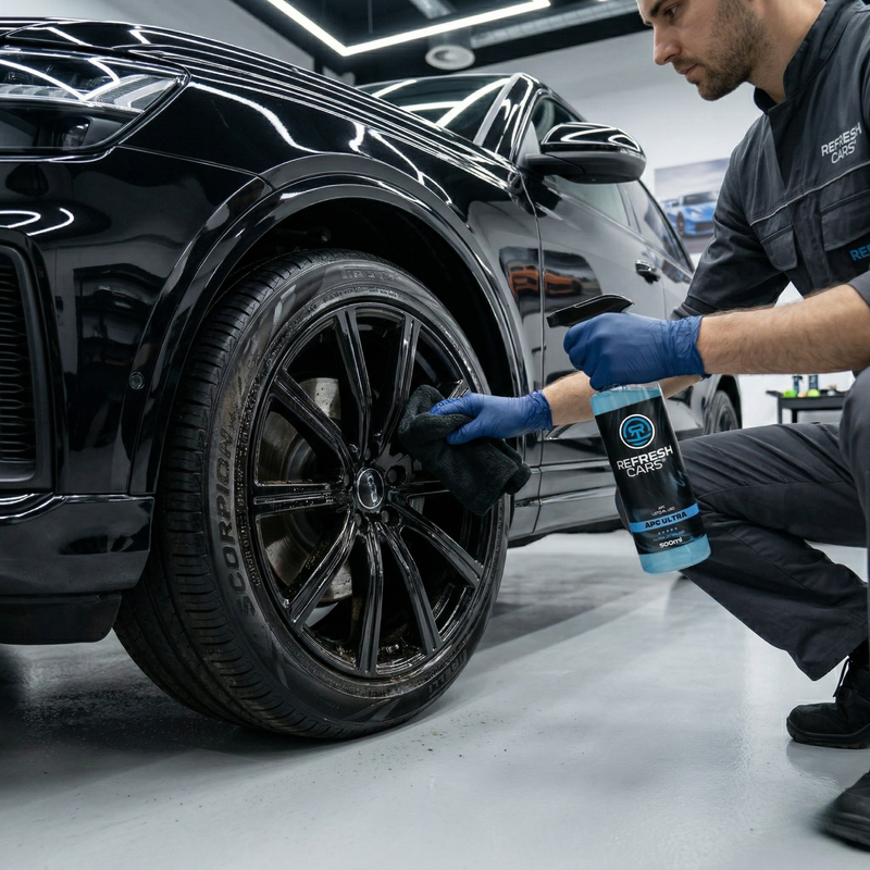 APC Ultra Refresh Cars aplicado para limpiar llanta negra de SUV en taller de detailing