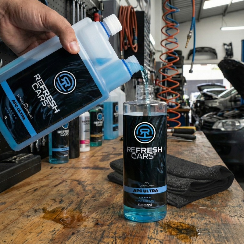 Nettoyant APC ultraconcentré Refresh Cars 1L se diluant dans un spray 500ml sur un établi d'atelier
