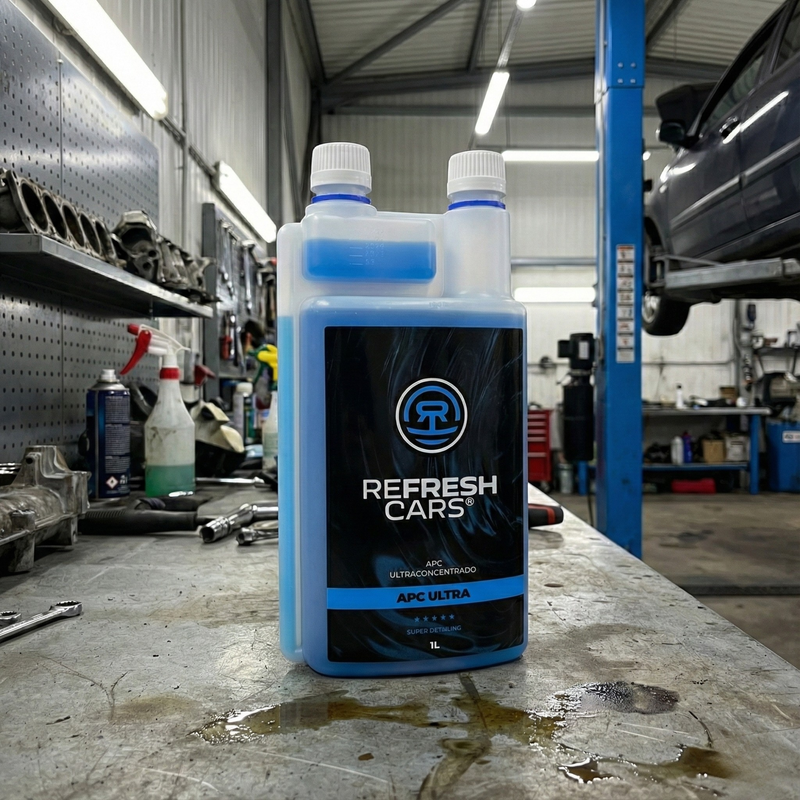 Flacon de nettoyant APC ultraconcentré Refresh Cars 1L bleu sur un établi d'atelier mécanique