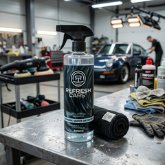 Cera híbrida cerámica en spray Refresh Cars 500ml en taller de detailing con Porsche clásico