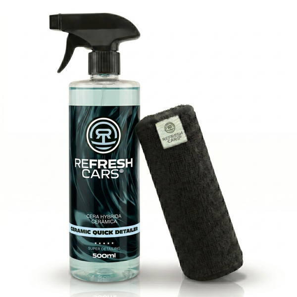Cera híbrida cerámica en spray Refresh Cars 500ml junto a paño de microfibra negro