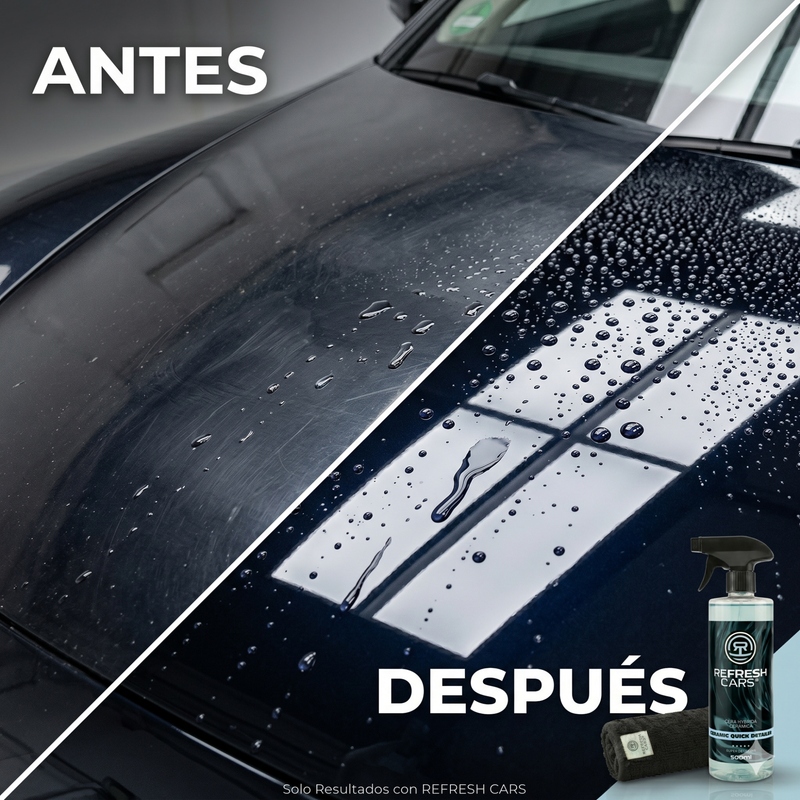 Cera híbrida cerámica Refresh Cars antes y después con efecto hidrofóbico en capó oscuro