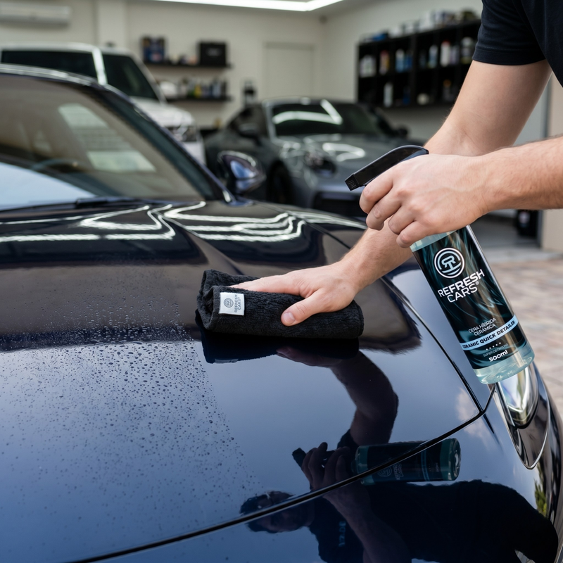 Cera híbrida cerámica Refresh Cars aplicada con microfibra sobre capó de coche negro brillante