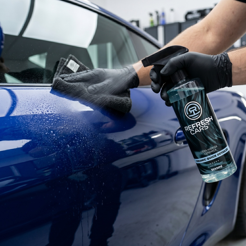 Cera híbrida cerámica Refresh Cars pulverizada sobre carrocería azul con guante de nitrilo