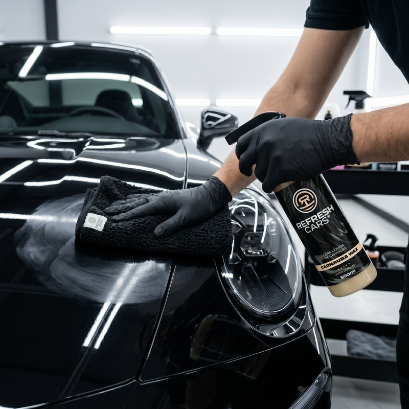 Cera líquida de carnauba Refresh Cars aplicada sobre el capó de un coche deportivo negro