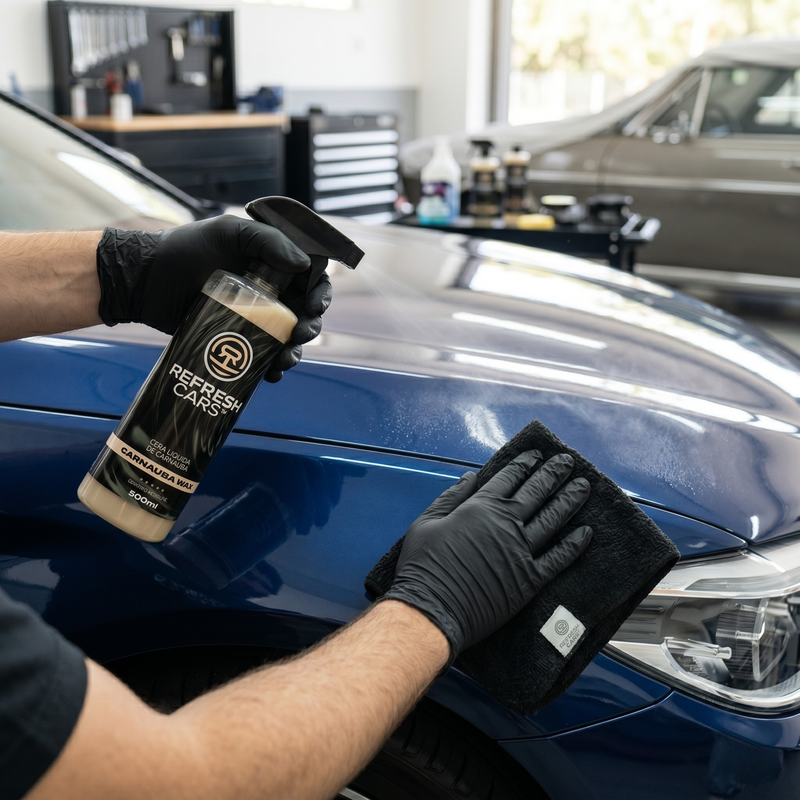 Cera líquida de carnauba Refresh Cars aplicada sobre la carrocería azul de un BMW en taller