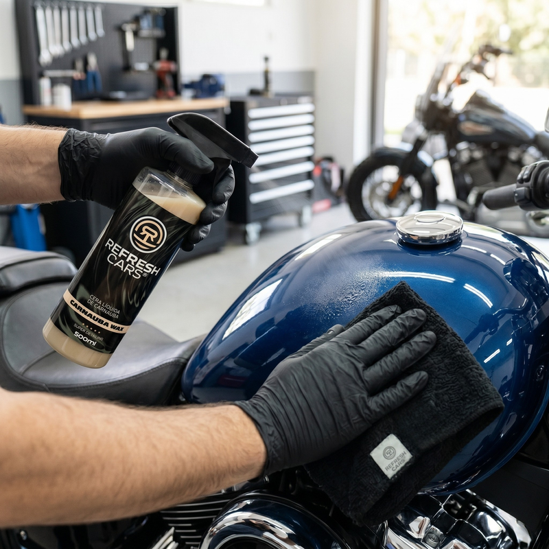 Cera líquida de carnauba Refresh Cars encerando el depósito azul de una moto con paño
