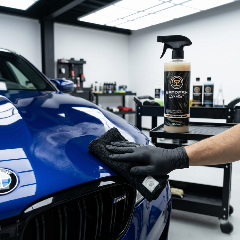 Cera líquida de carnauba Refresh Cars puliendo con paño el capó brillante de un BMW azul