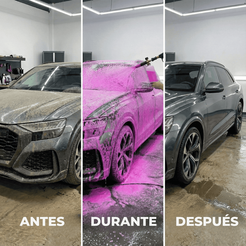 Champú de espuma rosa Refresh Cars: comparativa antes, durante y después del lavado del coche