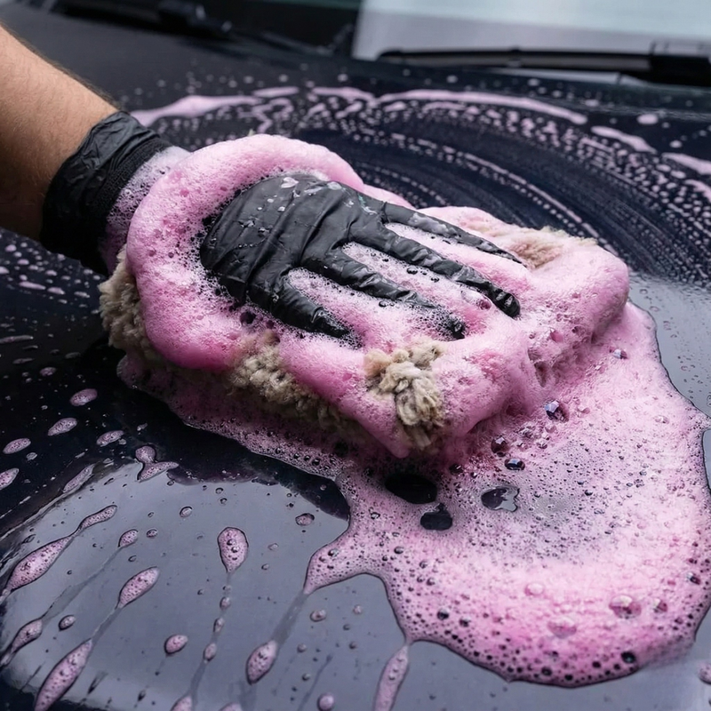 Champú de espuma rosa Refresh Cars con guante enjabonado deslizando sobre carrocería oscura mojada