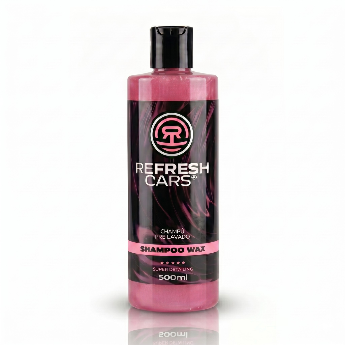 Champú prelavado con cera Refresh Cars 500ml, bote rosa Shampoo Wax sobre fondo blanco