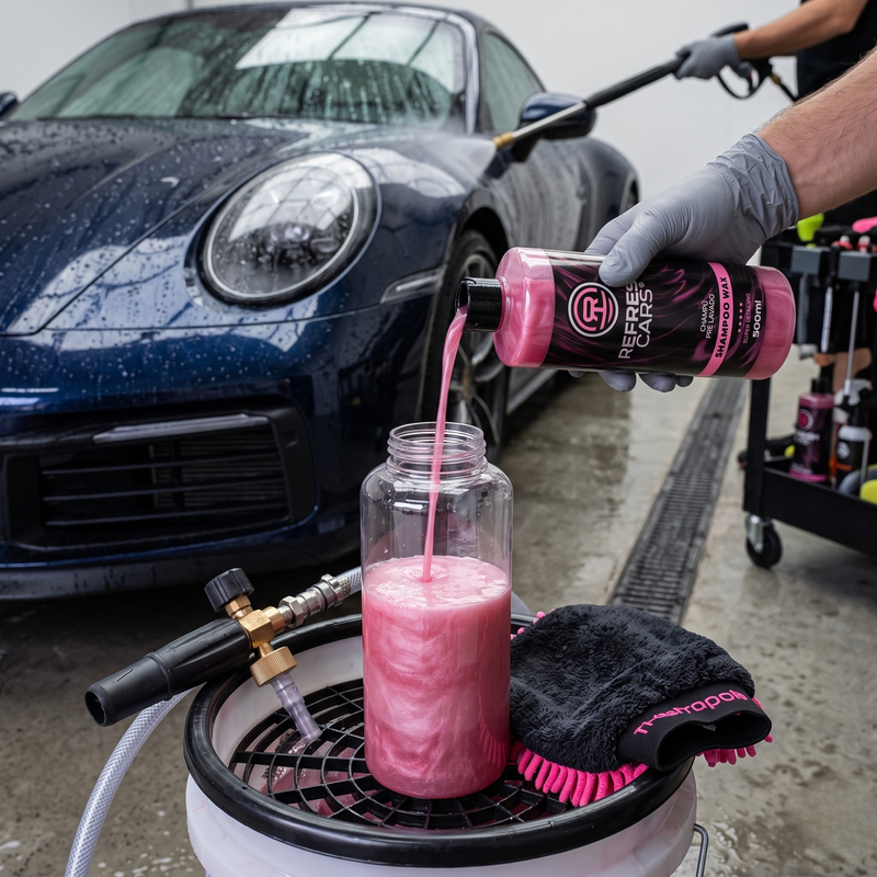 Champú prelavado con cera Refresh Cars dosificado en espumador con Porsche negro al fondo en taller