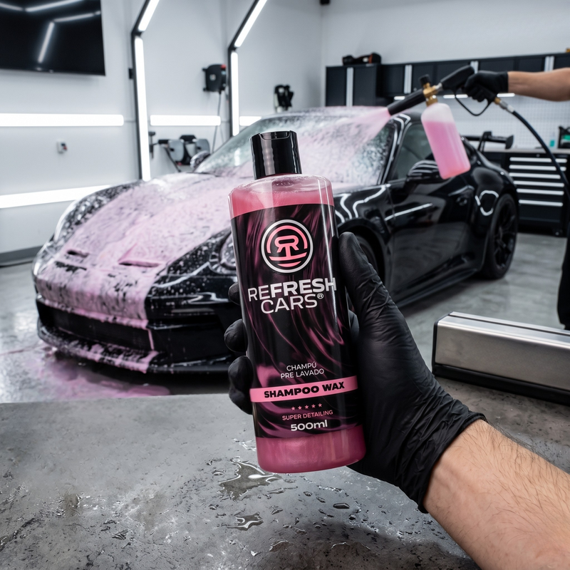 Champú prelavado con cera Refresh Cars en mano y coche negro cubierto de espuma rosa de prelavado