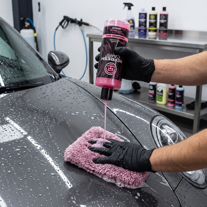 Champú prelavado Refresh Cars aplicado sobre guante de microfibra en capó gris mojado