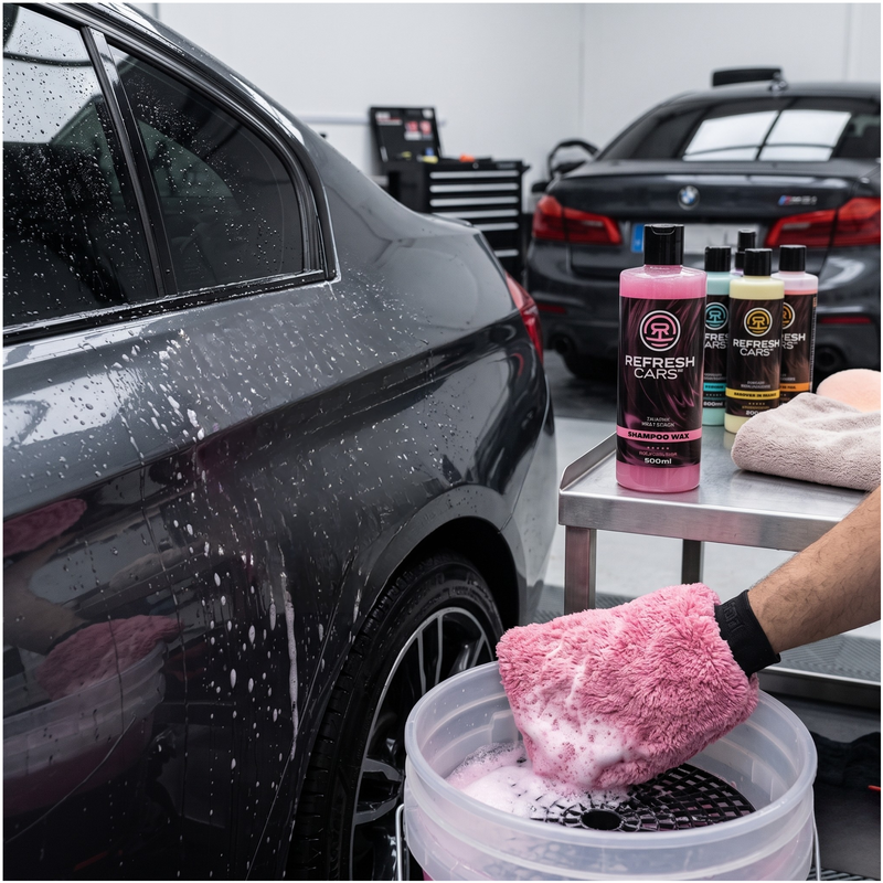 Champú prelavado Refresh Cars en mesa de detailing con guante en cubo y BMW lavados al fondo