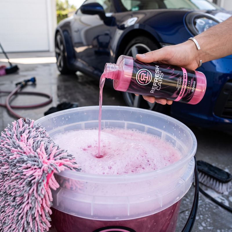 Champú prelavado Refresh Cars vertido en cubo con espuma junto a deportivo azul y guante de lavado
