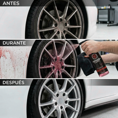 Descontaminante férrico Refresh Cars antes, durante y después limpiando llanta de coche blanco