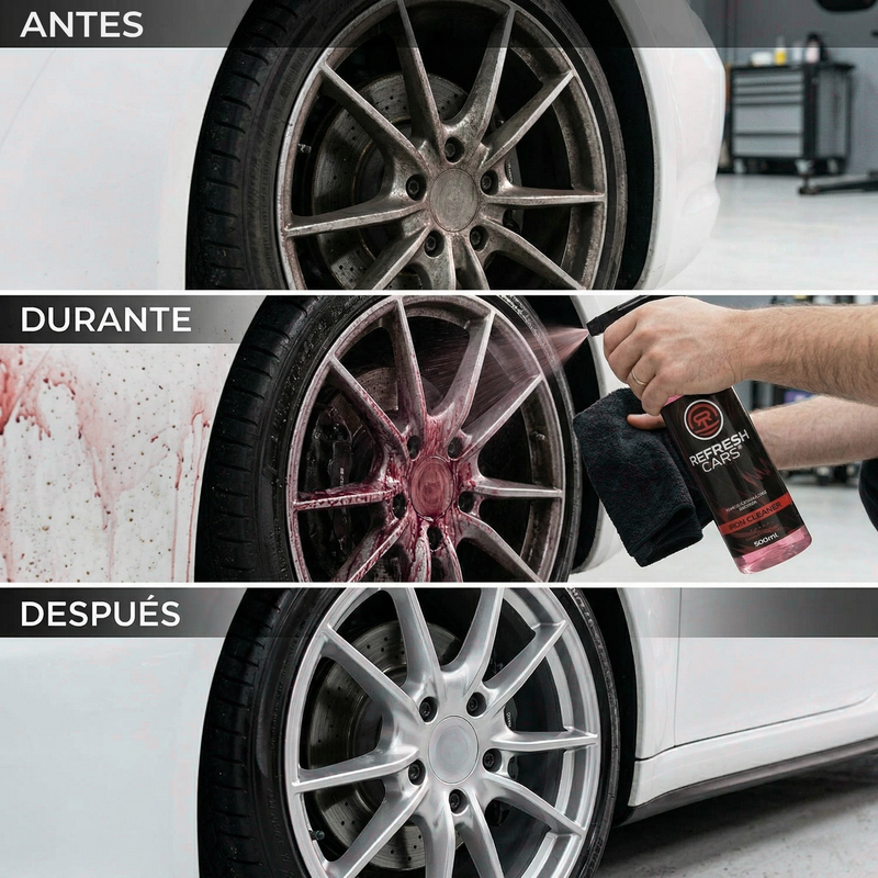 Descontaminante férrico Refresh Cars antes, durante y después limpiando llanta de coche blanco