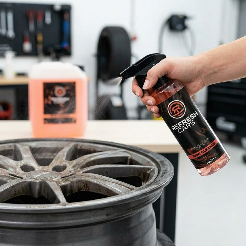 Descontaminante férrico Refresh Cars aplicado con spray sobre llanta de coche contaminada