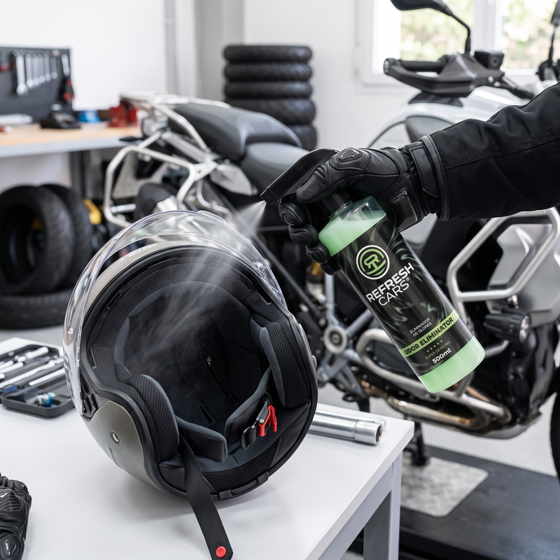 Éliminateur d'odeurs Refresh Cars appliqué à l'intérieur d'un casque à l'atelier