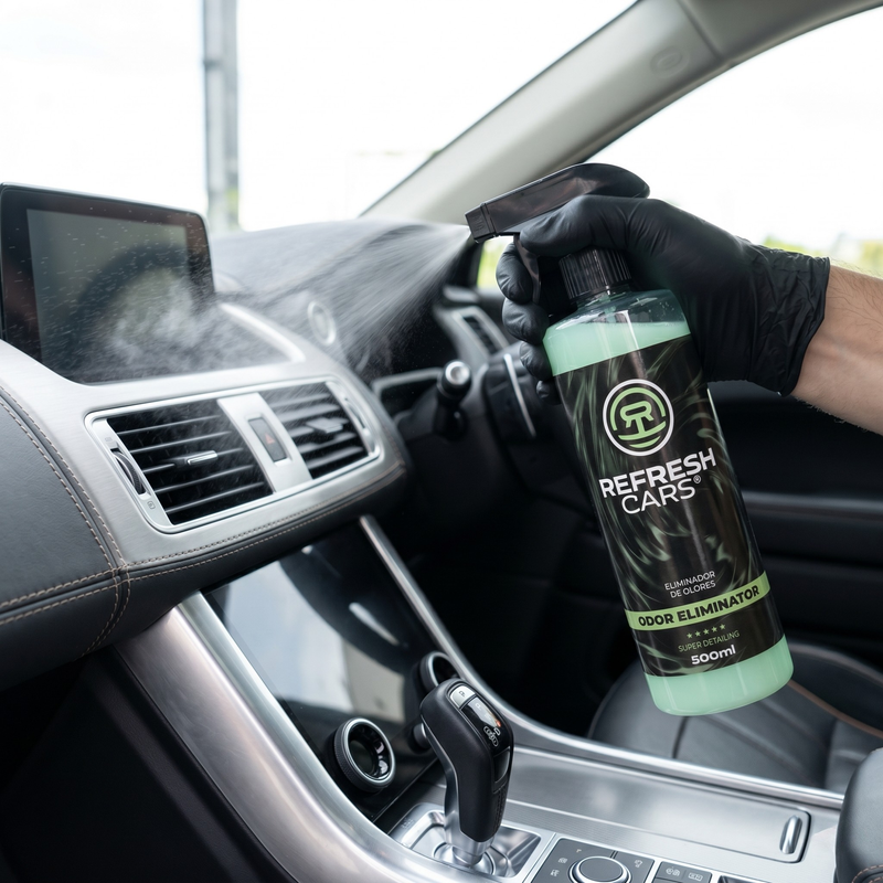 Éliminateur d'odeurs Refresh Cars appliqué sur le tableau de bord et les aérateurs