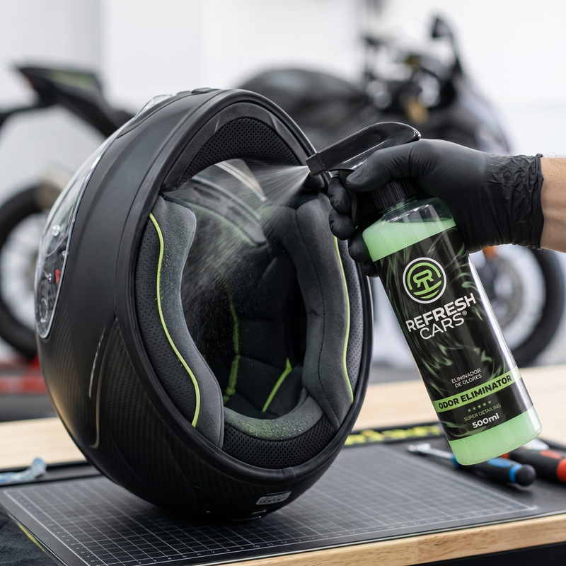 Éliminateur d'odeurs Refresh Cars vaporisé à l'intérieur d'un casque de moto