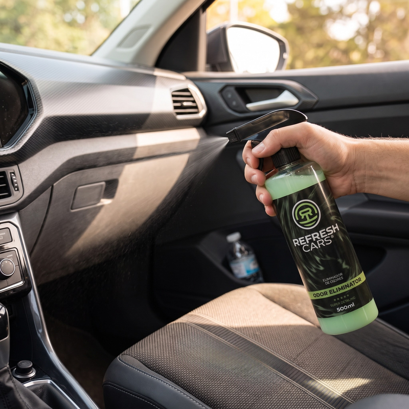 Éliminateur d'odeurs Refresh Cars vaporisé sur le siège en tissu de la voiture