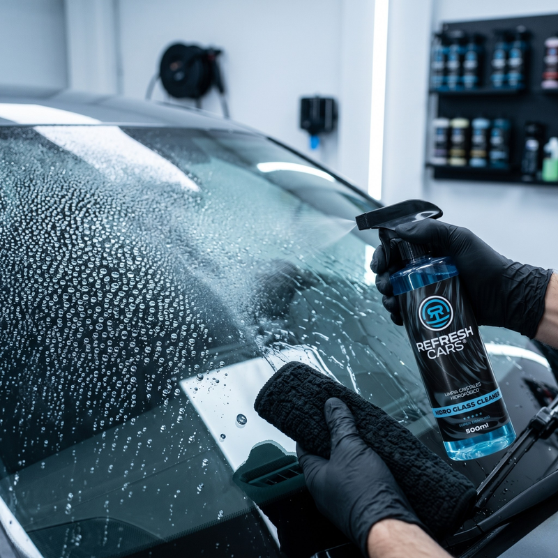 Limpia cristales hidrofóbico Refresh Cars en parabrisas con efecto perlado del agua repelida