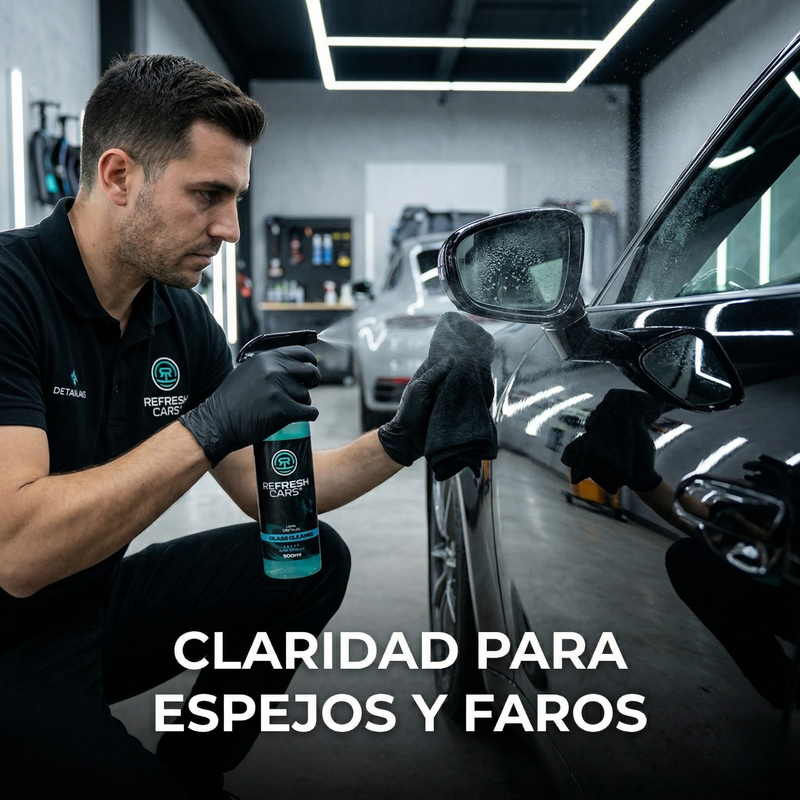 Limpia cristales Refresh Cars dando claridad a espejos y faros aplicado por un profesional del detailing