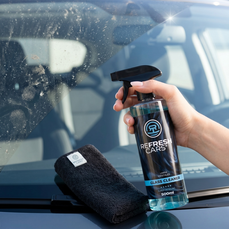 Limpia cristales Refresh Cars pulverizado sobre el parabrisas al sol con bayeta de microfibra