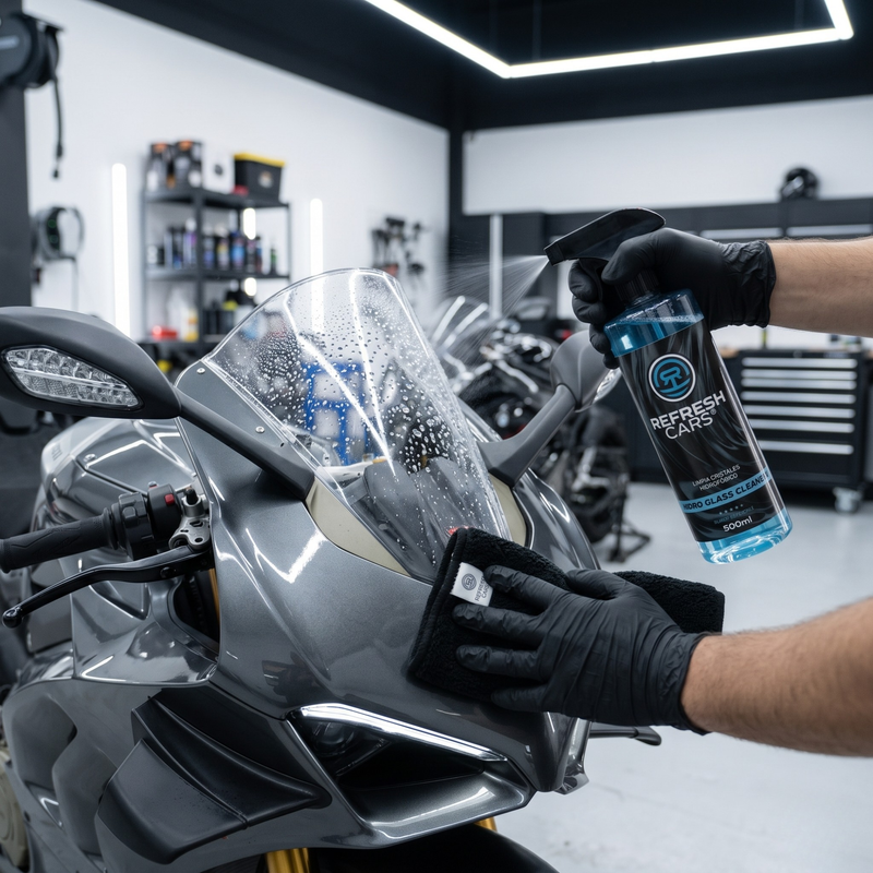 Limpia cristales Refresh Cars pulverizado sobre la cúpula de una moto en taller de detailing