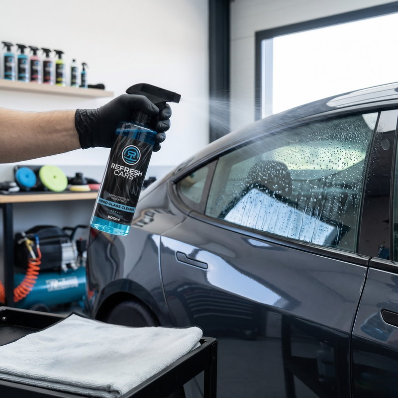 Limpia cristales Refresh Cars rociado sobre la ventanilla de un coche oscuro en cabina de detailing