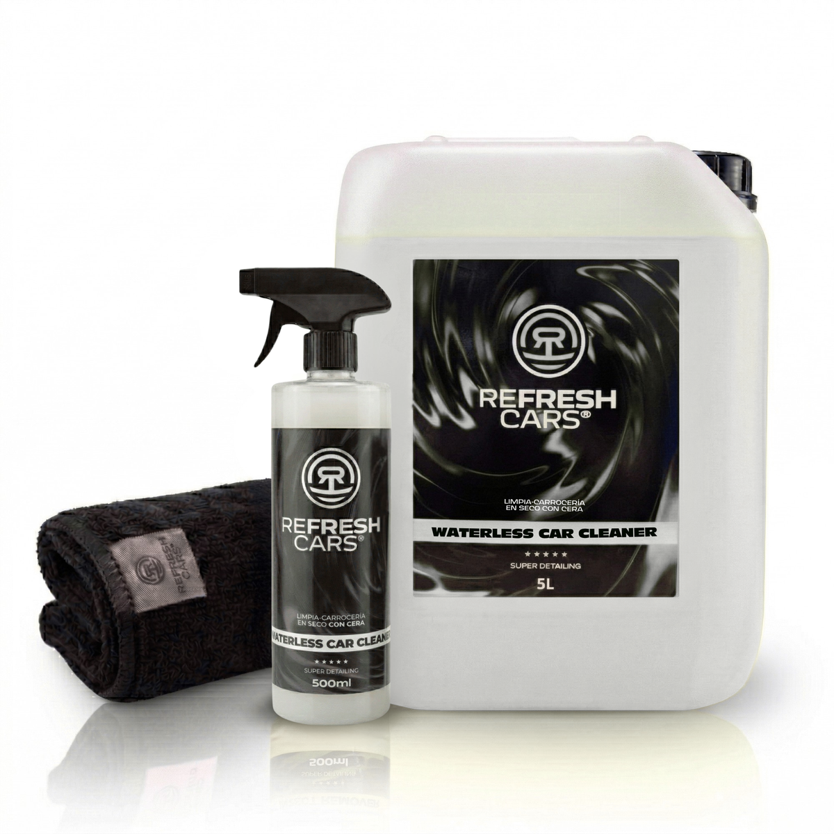 Limpiador de carrocerías con cera Refresh Cars en garrafa 5L con bote spray 500ml y microfibra