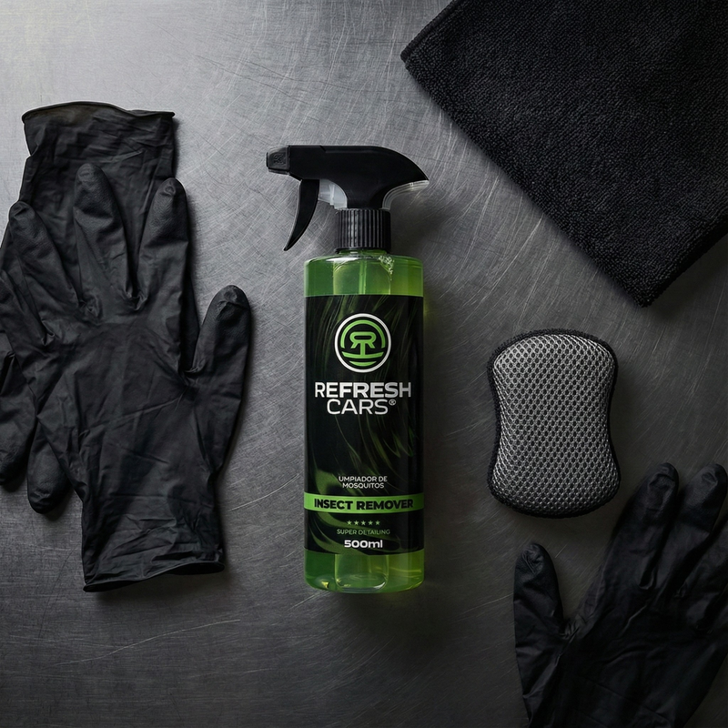 Nettoyant anti-moustiques Refresh Cars 500ml avec gants en nitrile et éponge sur surface métallique